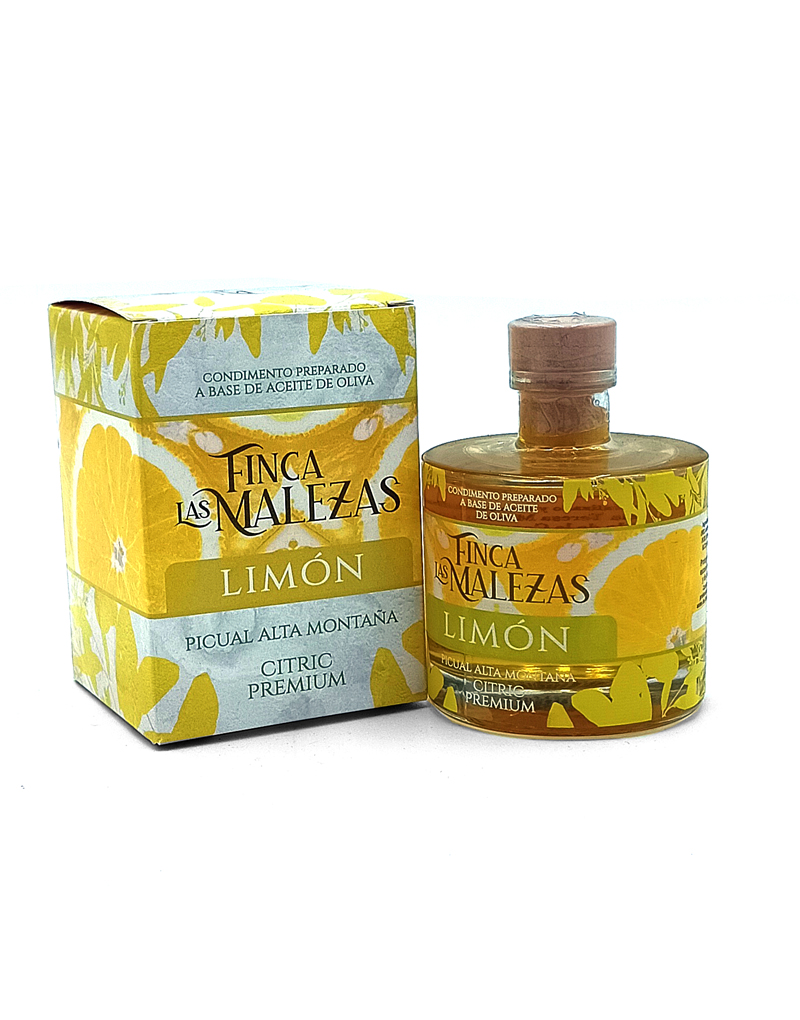 1776794962448 - El Gourmext de Casa Chino Box and bottle of Finca Las Mallezas Limón olive oil with yellow citrus-themed packaging and lemon graphics.