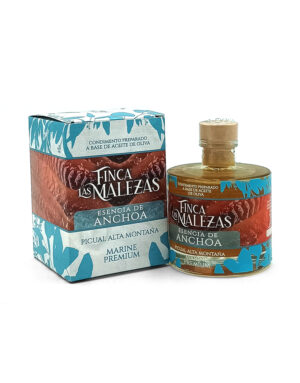 Box and bottle of Finca Las Malezas Esencia de Anchoa olive oil seasoning (Marine Premium).