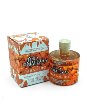 Bottle of habanero chili pepper olive oil next to its decorative box on a white background with orange label art