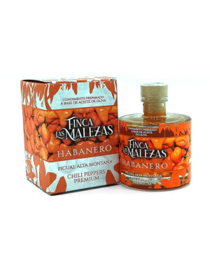 Finca Las Malezas Habanero olive oil set: a cardboard box and a round glass bottle with orange pepper artwork.
