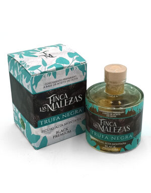 Bottle of Finca Las Malezas Trufa Negra black truffle olive oil with matching teal-edged box.