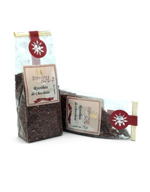 Two translucent tea sachets labeled 'Rooibos de Chocolate' with a red sun logo on a white background—Especias del SOL packaging.