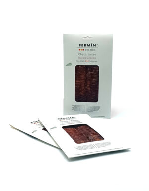 Fermín chorizo ibérico packaging with a transparent window showing slices; white box with branding above.