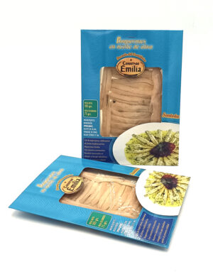 Blue packaging for 'Boquerones en aceite de oliva' by Conservas Emilia, with a transparent window showing light anchovy fillets.