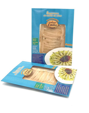 Blue packaging for Conservas Emilia boquerones en aceite de oliva with a transparent window showing stacked anchovy fillets.