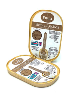 Open tin of Emilia anchovy fillets in olive oil, with pull-tab and labeled can visible