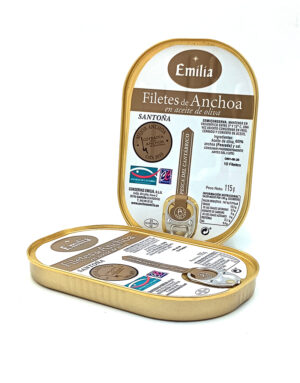 Two Emilia brand tins of anchovy fillets in olive oil, one open showing the label against a white background