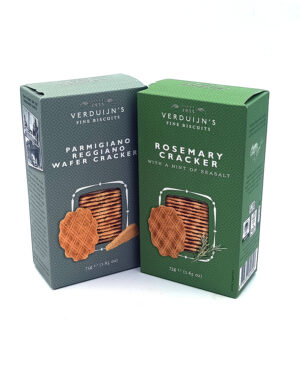 Two Verduijn's Fine Biscuits boxes: Parmigiano Reggiano Wafer Cracker (gray) and Rosemary Cracker (green) with crackers shown in front.