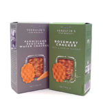 1777484623818 - El Gourmext de Casa Chino Two Verduijn's Fine Biscuits boxes side by side: Parmigiano Reggiano Wafer Cracker (purple) and Rosemary Cracker (green) with crackers visible inside their windows, on a white background.