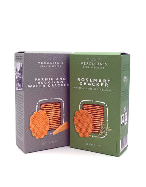 Two Verduijn's Fine Biscuits boxes side by side: Parmigiano Reggiano Wafer Cracker (purple) and Rosemary Cracker (green) with crackers visible inside their windows, on a white background.