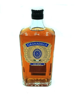 Bottle of Granadilla ron añejo rum with amber liquid and ornate blue-gold label, 700 ml