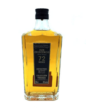 Whiskey bottle with amber spirit and black label reading 'Don Crescencio 72 Meses' on a white background, 700 ml, 40% alc/vol.