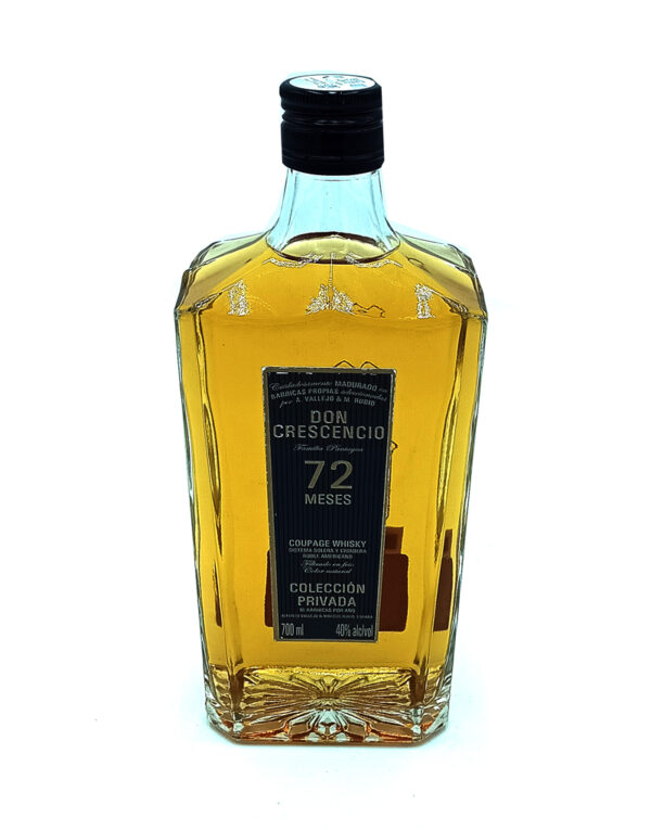 1777484624640 - El Gourmext de Casa Chino Bottle of Don Crescencio 72 Meses añejo whisky with a black label and amber liquid inside, standing upright on a white background.
