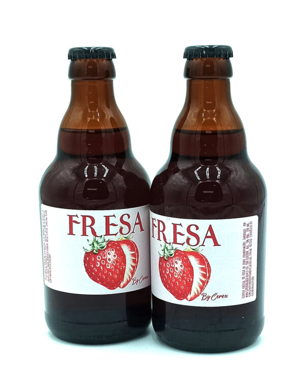 1777484624723 - El Gourmext de Casa Chino Two brown glass bottles of FRESA strawberry beverage with a white label showing a red strawberry illustration.
