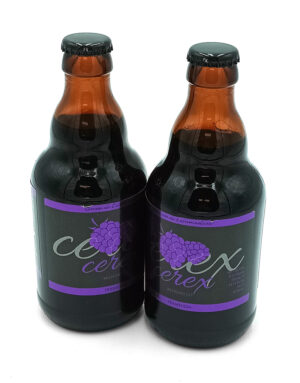Two brown glass beer bottles with purple grape-themed labels side by side against a white background, caps on, branding visible.