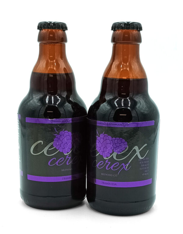1777484624754 - El Gourmext de Casa Chino Two brown glass beer bottles with purple labels featuring a grape illustration, standing side by side on a white background.