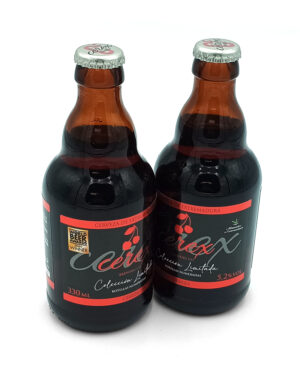 Two dark brown beer bottles with red labels standing side by side on a white background.