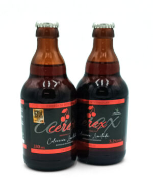Two brown beer bottles with red and black labels and a cherry graphic, standing side by side on a white background.