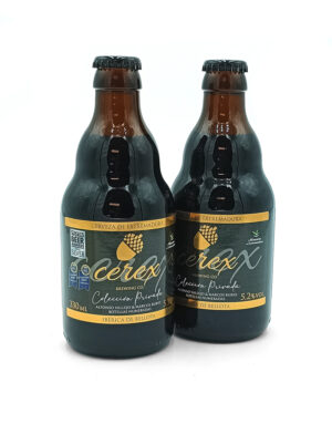 Two dark beer bottles with gold and black labels reading Cerex Brewing Co., 330 ml, 5.2% ABV, Ibérica de Bellota, Cerveza de Extremadura.