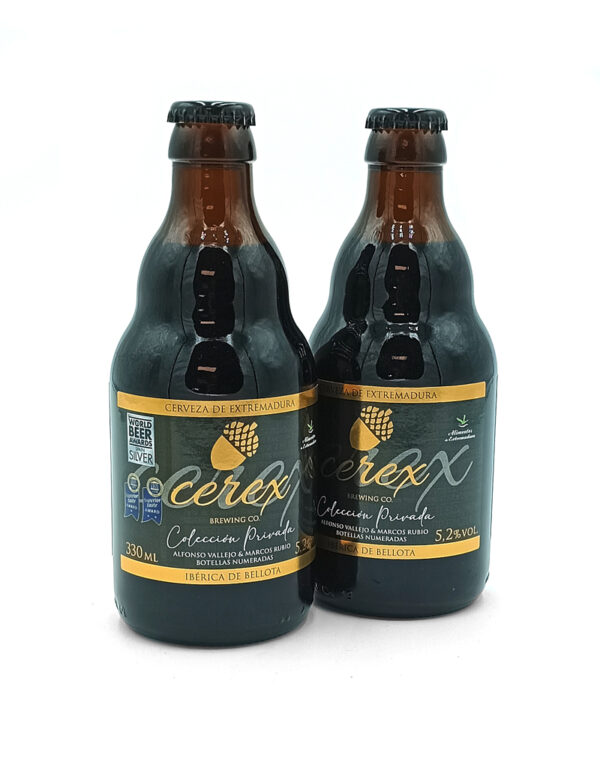 1777484624871 - El Gourmext de Casa Chino Two dark beer bottles with gold and black labels reading Cerex Brewing Co., 330 ml, 5.2% ABV, Ibérica de Bellota, Cerveza de Extremadura.