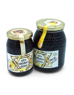 Two dark honey jars with gold, honeycomb-pattern lids and ribbons on a white background.
