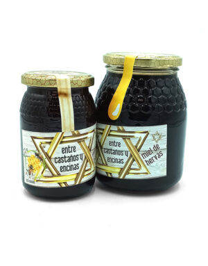 Two glass jars of dark honey with hexagonal-patterned gold lids and labels reading 'entre castaños y encinas' on a white background.