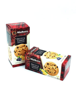 Walkers Fruit & Lemon Biscuits packaging with two boxes and a shown cookie, on a white background.