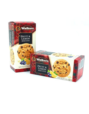 Two Walkers Fruit & Lemon biscuits boxes, one standing and one lying flat, showing cookie image on packaging with fruit accents
