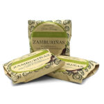 Pack of three Zamburiñas tins wrapped in beige paper with green labels, classic olive oil with guindilla flavor (limited edition).