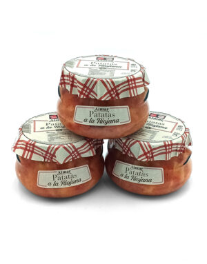 Three glass jars of Patatas a la Riojana preserves with red-and-white checkered lids on a white background.