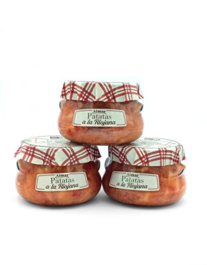 Three glass jars of Aimar Patatas a la Riojana stacked in a pyramid, with red‑and‑white checkered lids against a white background.