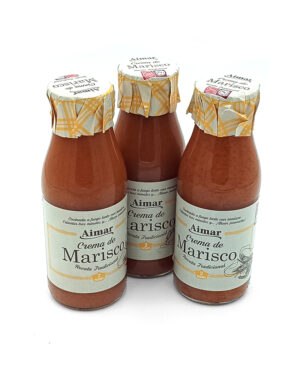 Three bottles of AimAr Crema de Marisco seafood cream sauce on a white background.