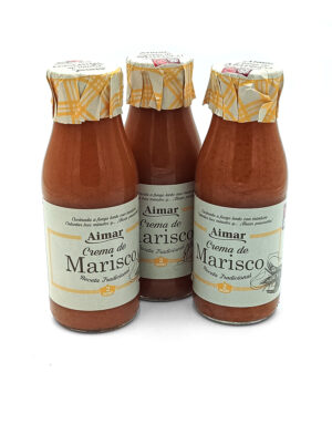 Three bottles of Aimar Crema de Marisco seafood cream sauce with patterned twist-off caps against a white background.
