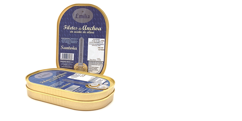 Open and closed gold tin cans labeled 'Emilia' anchovy fillets in olive oil, blue packaging on a white background
