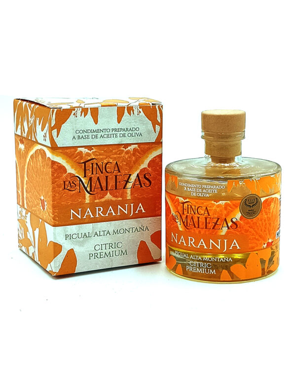 Bottle and matching box of Finca Las Malezas Naranja citrus premium olive oil with orange label and cork stopper