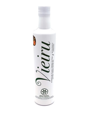 White bottle of organic extra virgin olive oil with green script and a circular emblem on a white background.