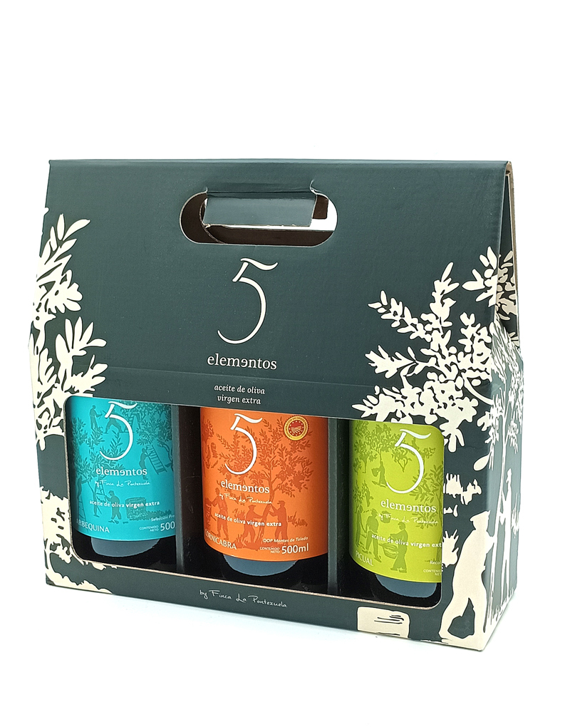 1776794963110 - El Gourmext de Casa Chino Set of three 500ml bottles of 5 elementos extra virgin olive oil in a dark decorative box with a carrying handle.