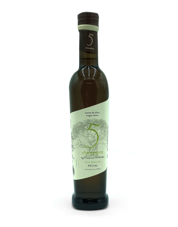 Tall dark bottle of extra virgin olive oil with a pale green label showing 'aceite de oliva virgen extra' and a tree illustration on a white background.
