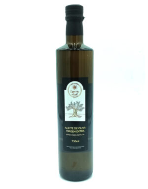 1776794963280 - El Gourmext de Casa Chino 750ml bottle of extra virgin olive oil with dark glass and black label featuring an olive tree illustration and gold text: 'ACEITE DE OLIVA VIRGEN EXTRA'