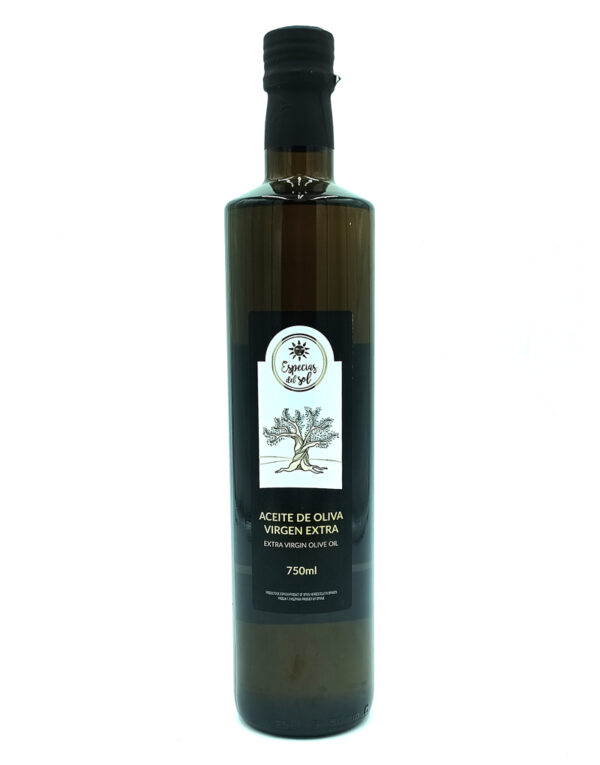 Bottle of aceite de oliva virgen extra with tree logo on label, 750 ml capacity.