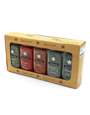 1776794963326 - El Gourmext de Casa Chino Set of five Especias del Sol spice bottles in a kraft gift box with a clear window panel on the front.