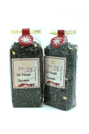 1776794963608 - El Gourmext de Casa Chino Two transparent bags of jasmine green tea with red sun seal labeled Especias del Sol, 100 g each, Jazmín Té Verde, on a white background.