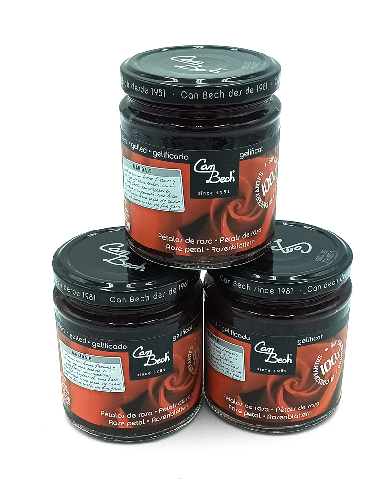 1778794818280 - El Gourmext de Casa Chino Three Can Bech rose petal gel jars with black lids arranged on a white background.