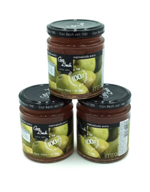 Three jars of Cam Bech pear jam stacked in a pyramid, with brown jam visible through glass and dark lids against a white background.