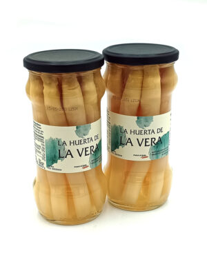 1778794818746 - El Gourmext de Casa Chino Two glass jars of pickled asparagus with black lids, labeled 'La Huerta de La Vera' against a white background