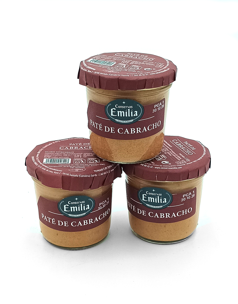 1778794819596 - El Gourmext de Casa Chino Three glass jars of Paté de Cabracho (Emilia brand) with maroon lids arranged on a white surface.