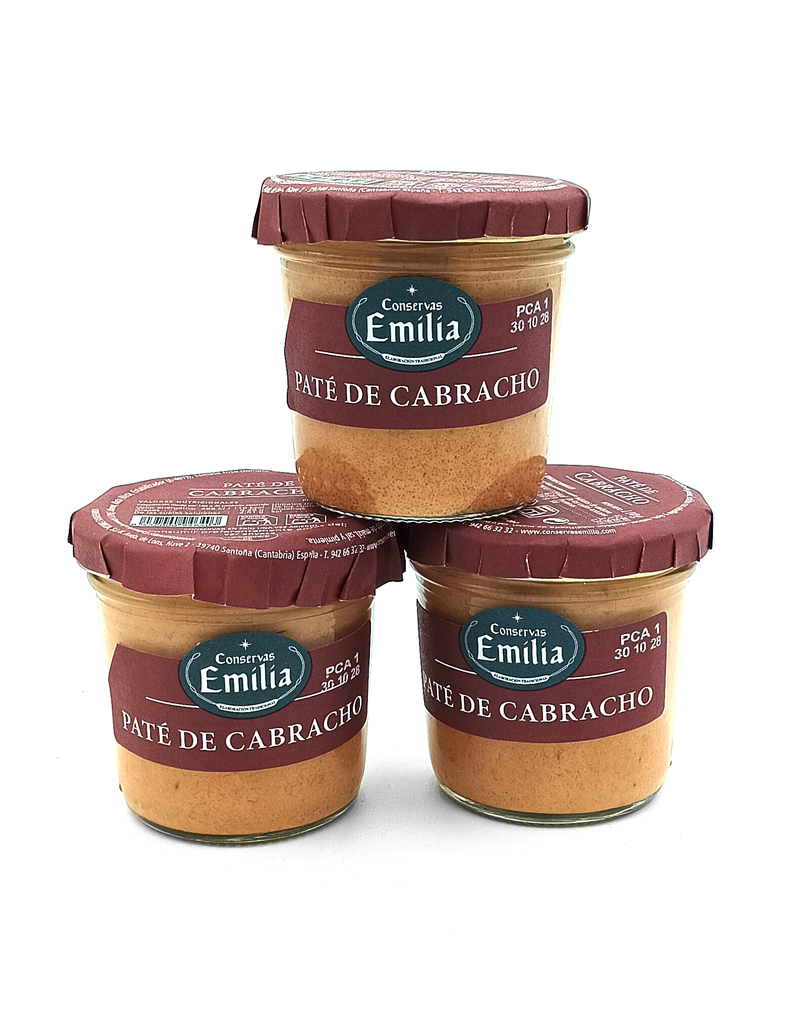 1778794819623 - El Gourmext de Casa Chino Three glass jars of Paté de Cabracho from Conservas Emilia with burgundy labels and red lids on a white background.