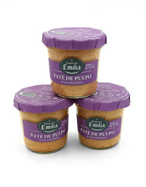 1778794819654 - El Gourmext de Casa Chino Three jars of Conservas Emilia Paté de Pulpo a la Gallega stacked in a pyramid with purple lids on a white background.