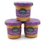 1778794819662 - El Gourmext de Casa Chino Three jars of Emilia brand octopus pâté with purple lids stacked in a pyramid on a white background.