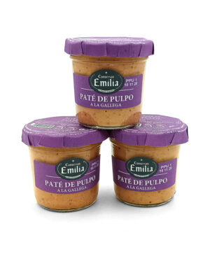 1778794819662 - El Gourmext de Casa Chino Three jars of Emilia brand octopus pâté with purple lids stacked in a pyramid on a white background.